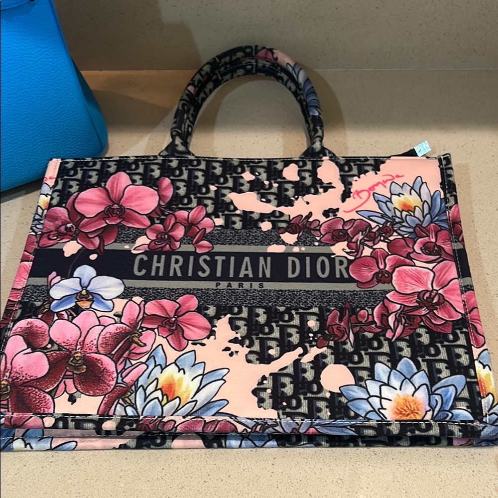Dior Pink and Black Floral Tote Bag